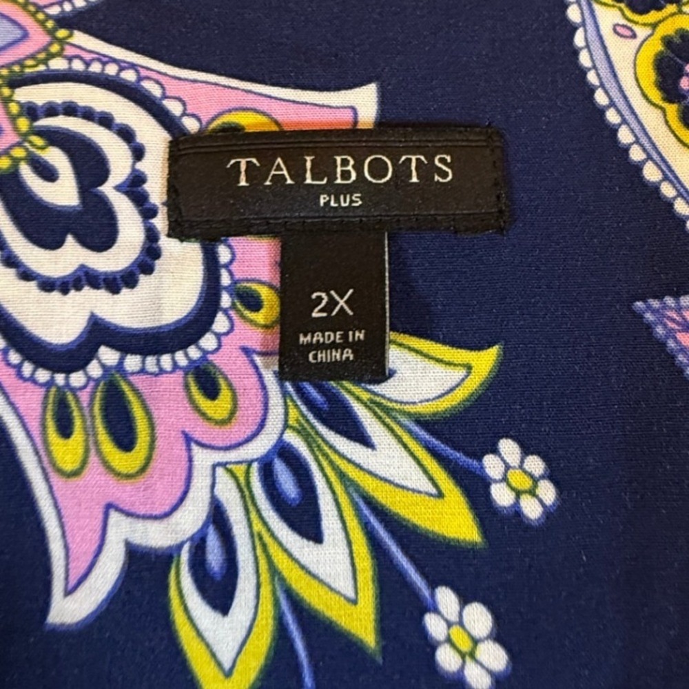 Talbots Plus Navy Blue Paisley Floral Rayon Blouse 2X 3/4 Sleeve Split Neck 2535 - Picture 2 of 7